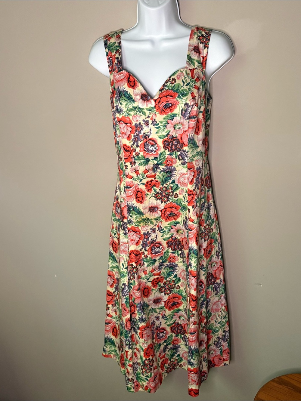 J Peterman Garden Floral Dress 8 Midi Sweetheart Neckline Sleeveless Cotton